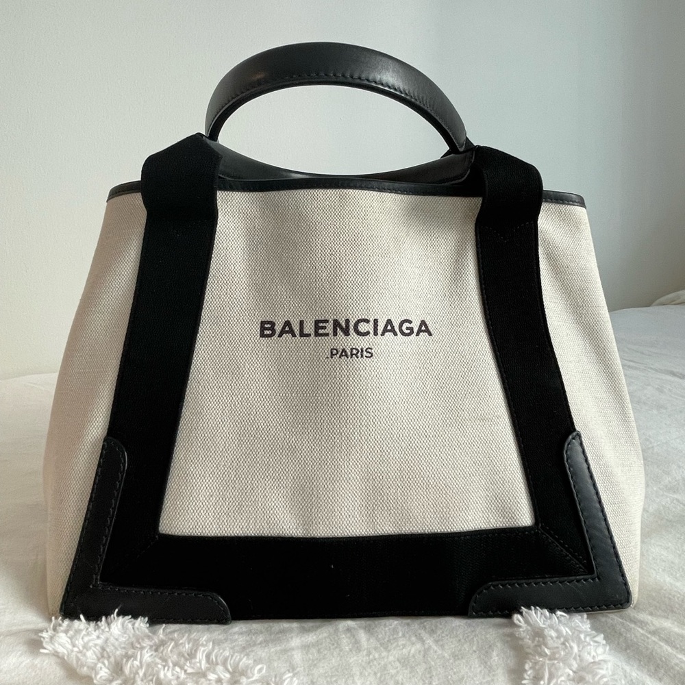 BALENCIAGA Navy Cabas M Tote Bag Canvas Beige Black Calfskin Authentic
